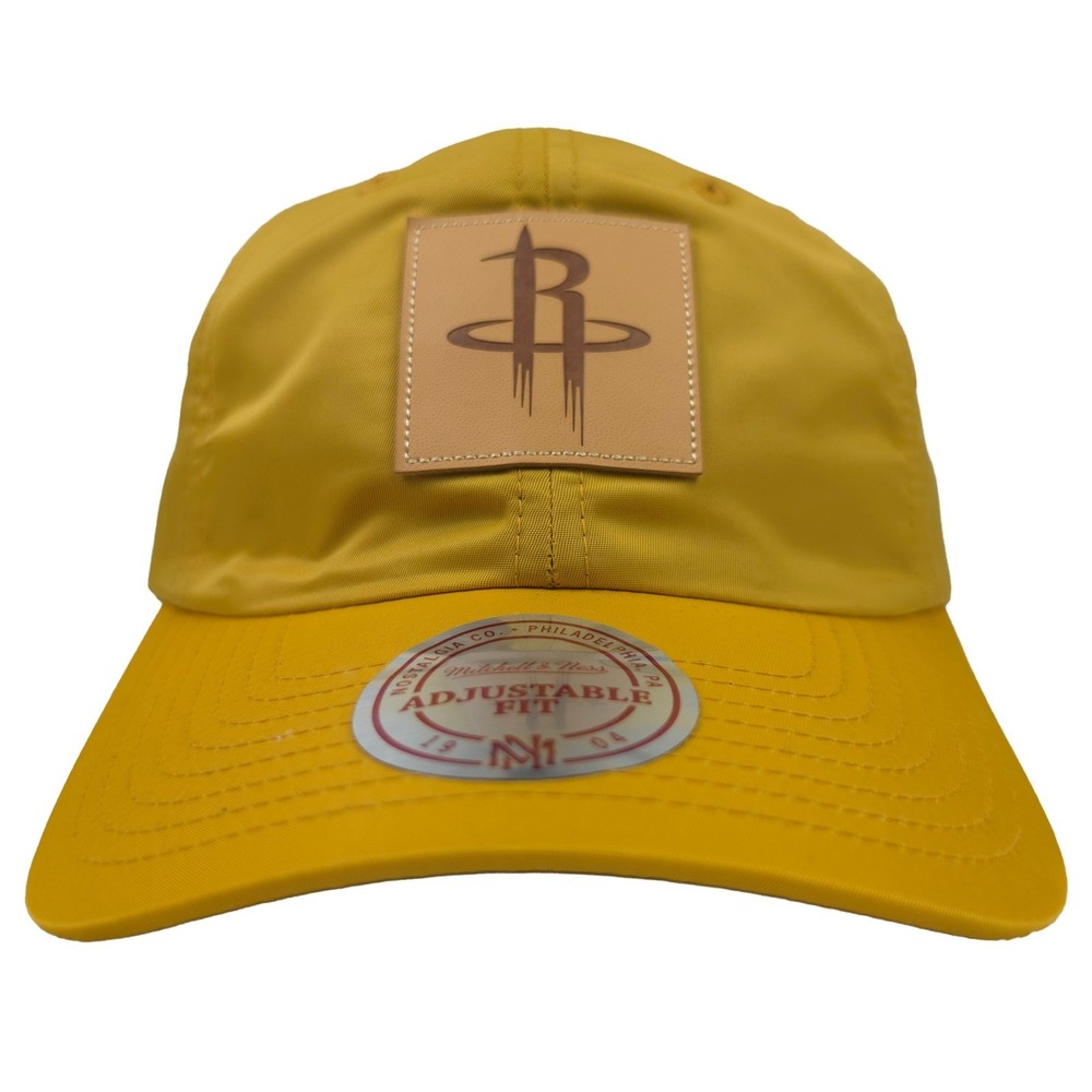 Houston Rockets Mitchell & Ness NBA Dad Hat Cap Leather Patch Yellow Nylon NWT